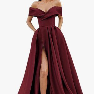 NWOT Off the shoulder satin burgundy gown